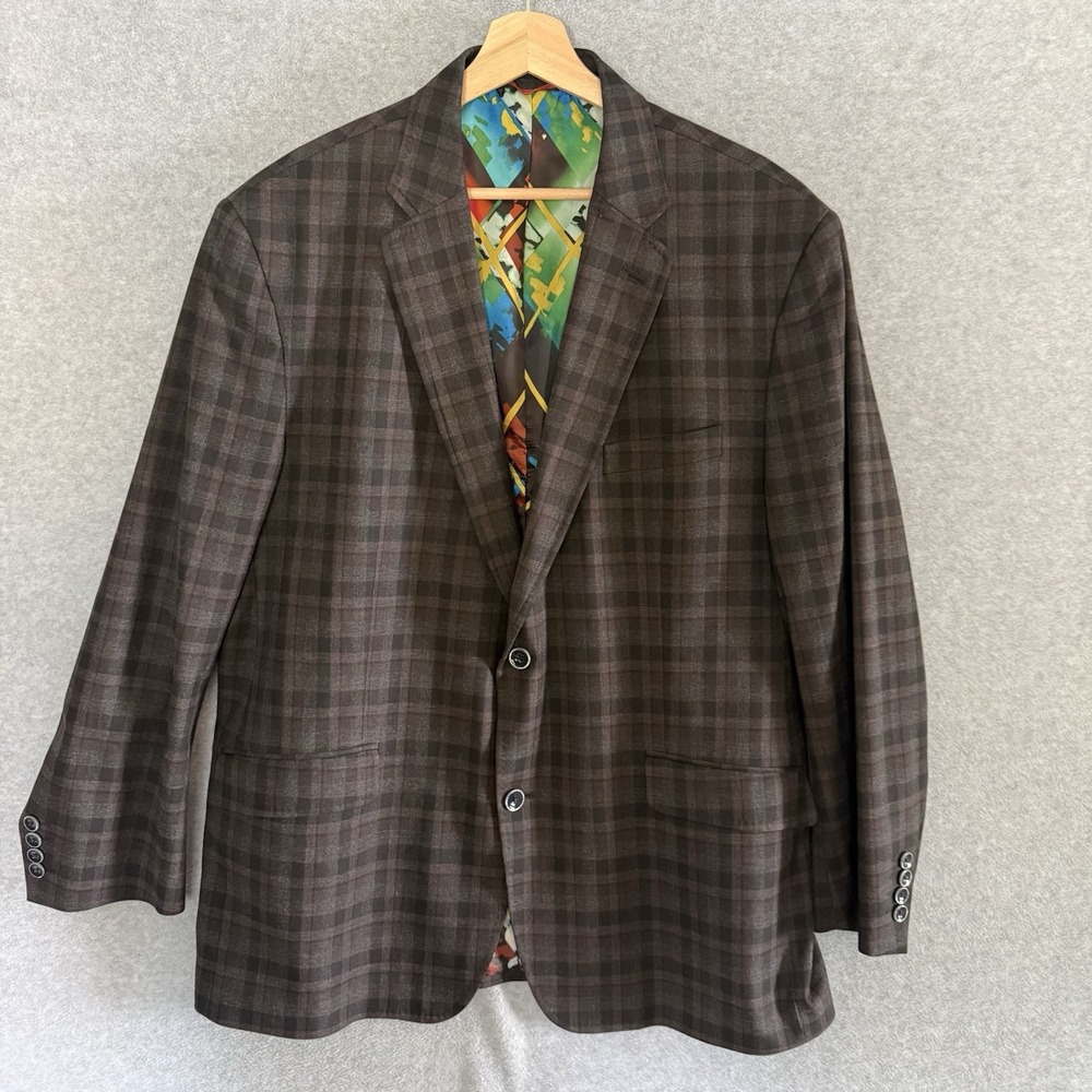 Robert Graham Sport Coat 46 Plaid Brown Check Colorful Abstract Lining Blazer